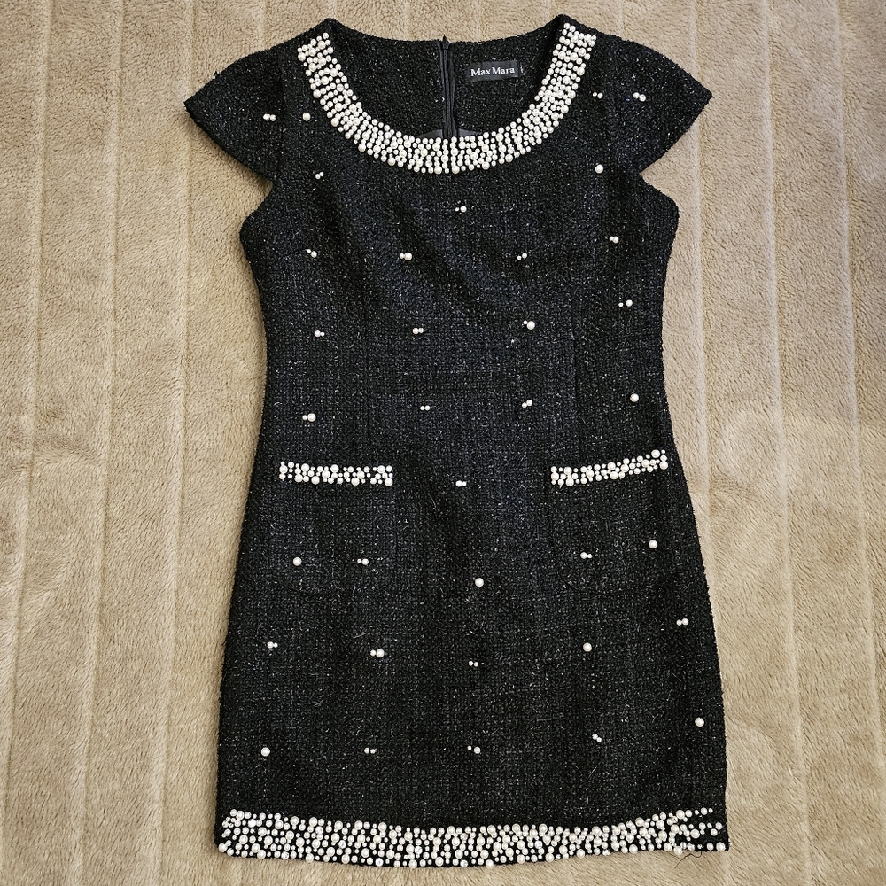 MaxMara Pearl and rhinestone tweed boucle dress